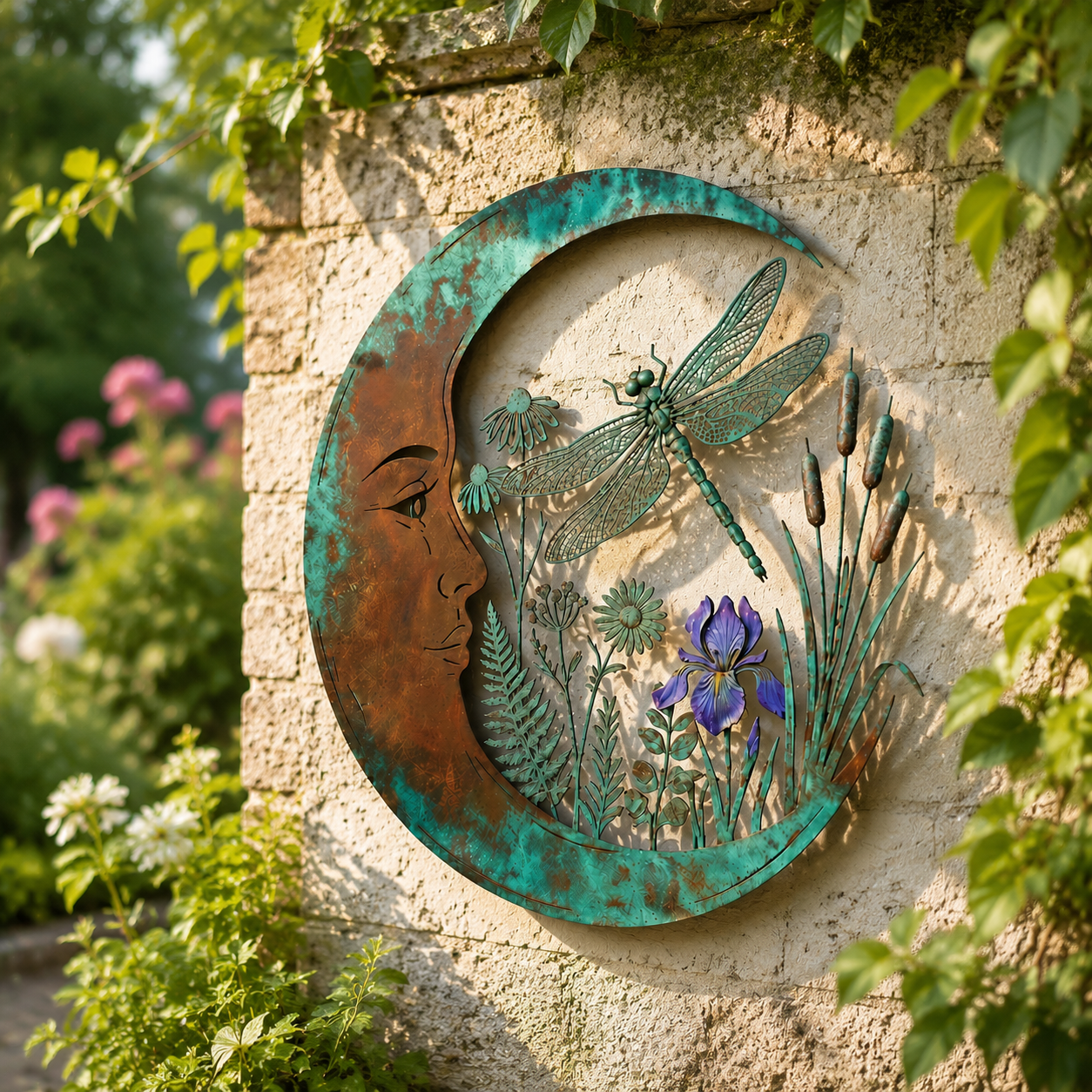 Dragonfly moon garden wall art in sunlight