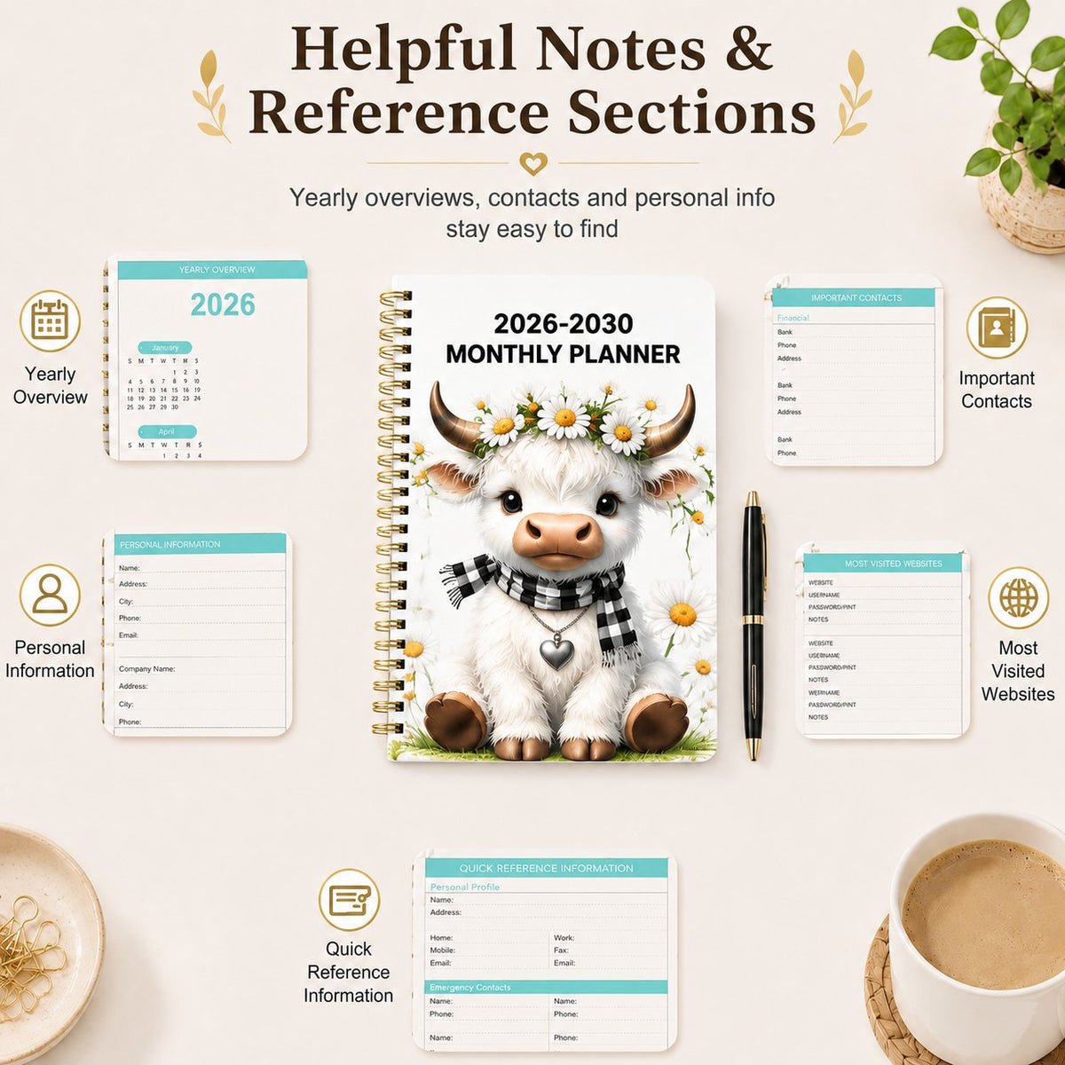 🐮 Cute Cow 5-Year Planner 2026–2030 | Monthly Organizer with Farmhouse Cover, Goal Tracking Pages & Long-Term Planning Layout ✨