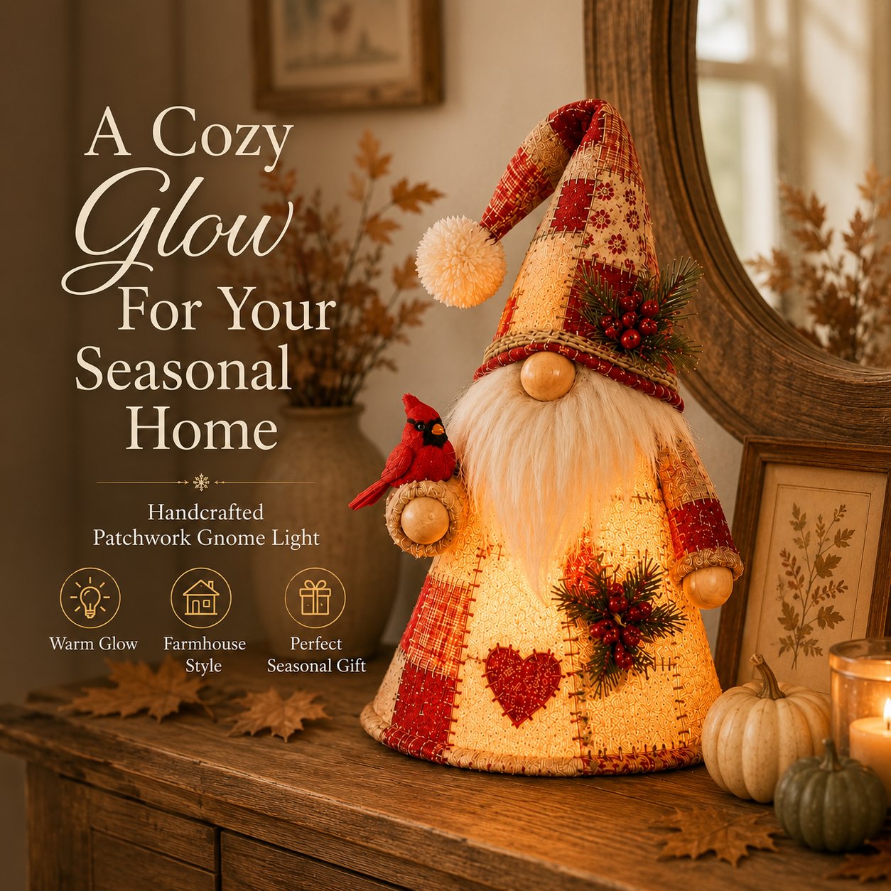 🔥 LAST DAY 49% OFF – 🐦 Patchwork Bird Gnome Light Collection | Warm Glowing Tabletop Decor with Farmhouse Patchwork Details for Mantels, Shelves & Holiday Gifts ✨