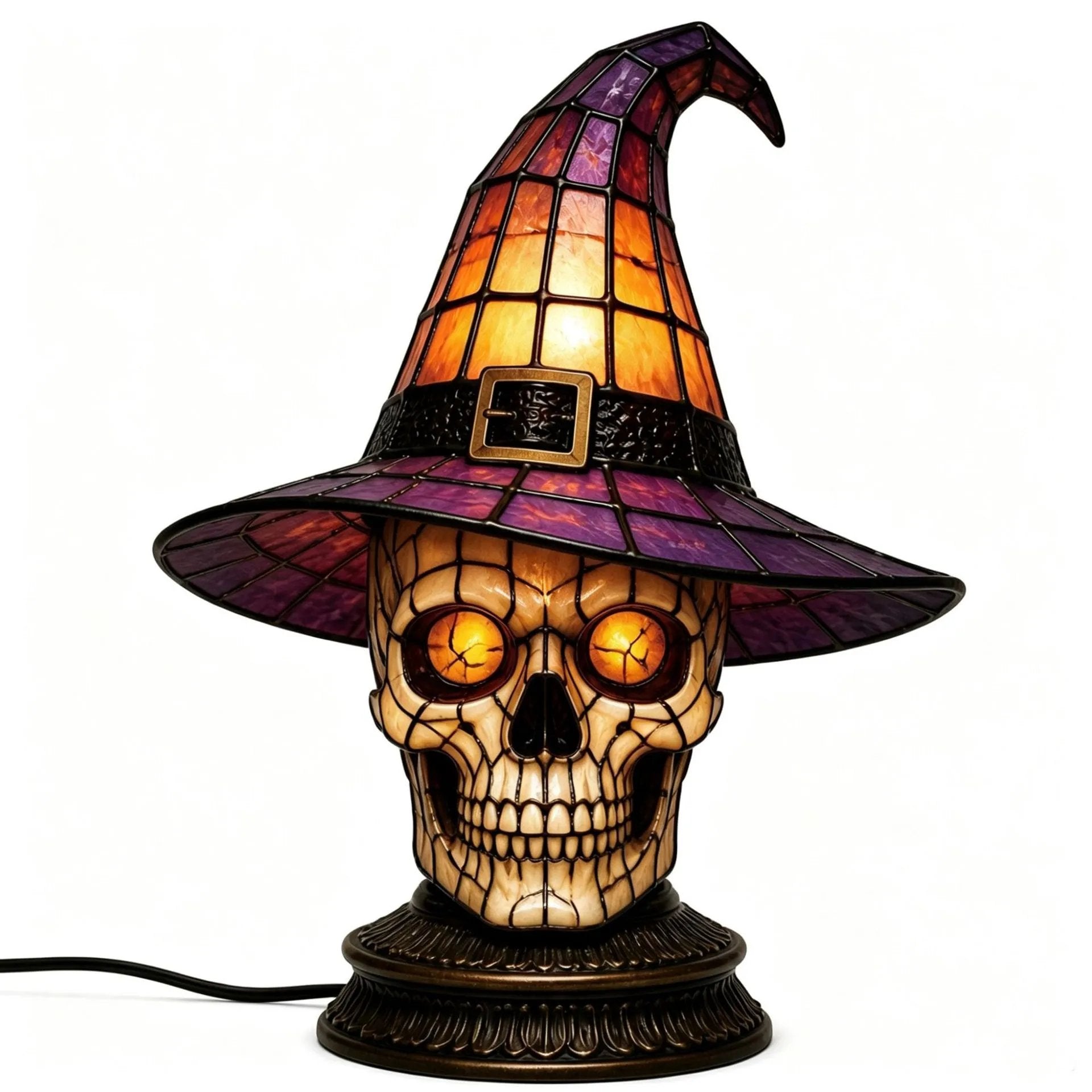 🐈 Gothic Stained Glass Witch Black Cat Table Lamp | Halloween Witch Hat Night Light Decor