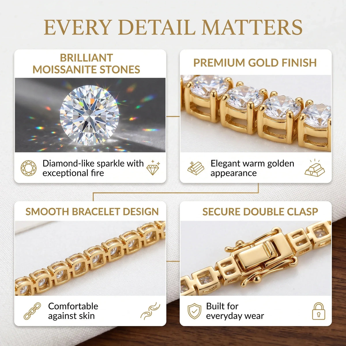 Classic 4mm D-Color Moissanite Tennis Bracelet – 14K Gold Plated with Double Safety Clasp-Last Day Sale-90% OFF🔥