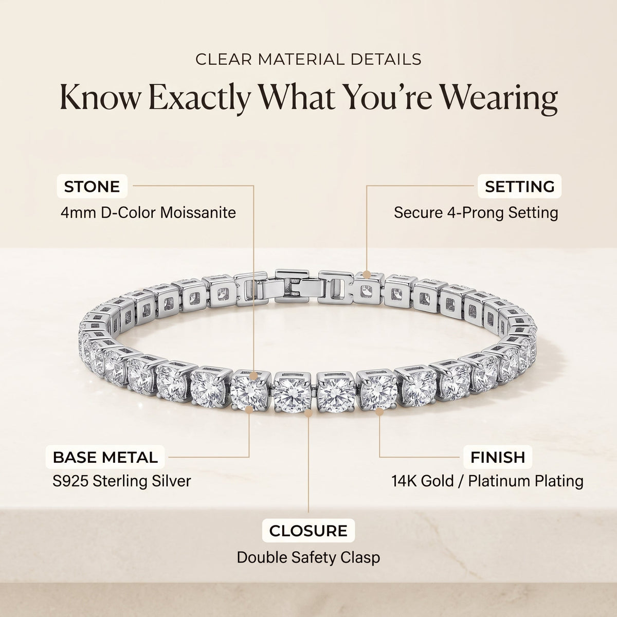 Classic 4mm D-Color Moissanite Tennis Bracelet – 14K Gold Plated with Double Safety Clasp-Last Day Sale-90% OFF🔥