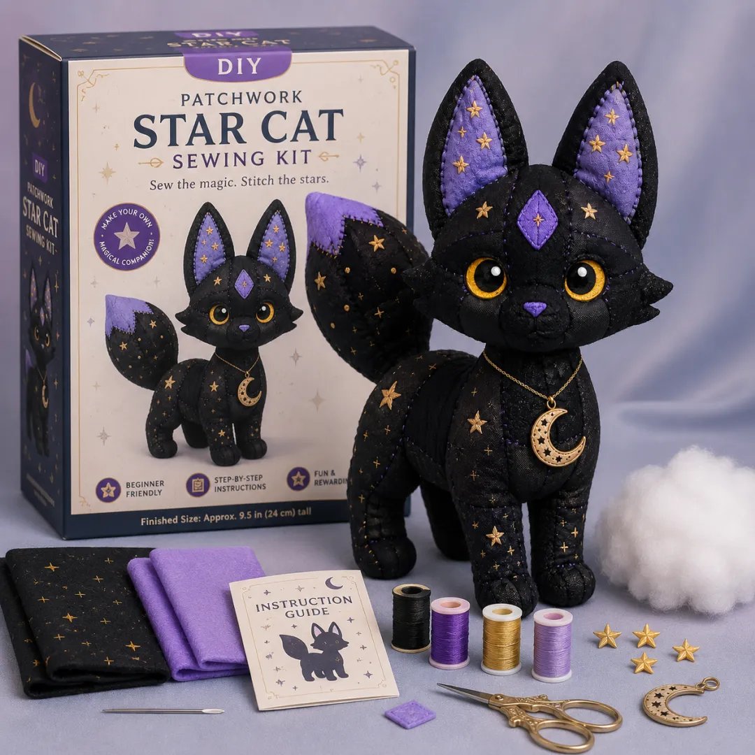🔥LAST DAY 50% OFF - 🐱Mystic Patchwork Animal Sewing Kit – DIY Plush Craft Kit with Starry Fabric, Moon Charm
