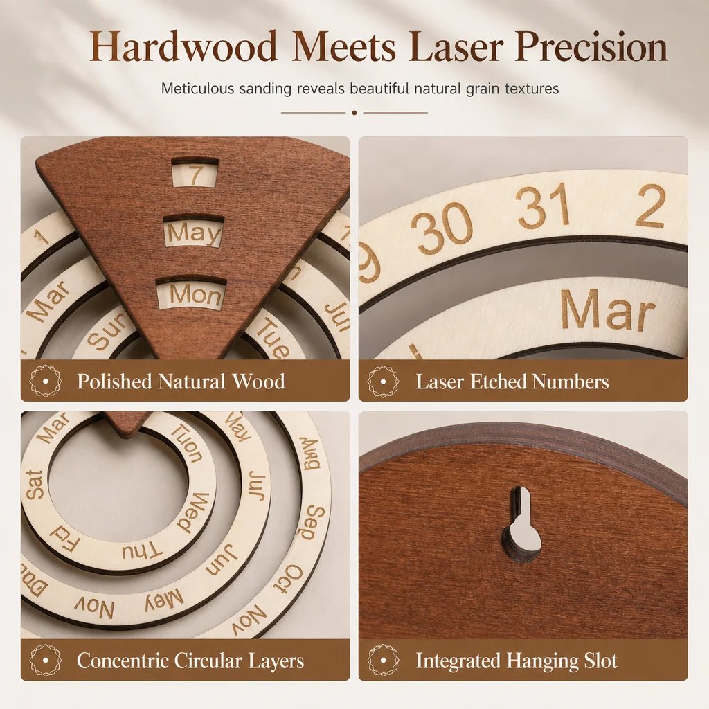 ⏳Time-Limited Special⏰Circular Wooden Rotating Perpetual Calendar Wall Hanging Decoration