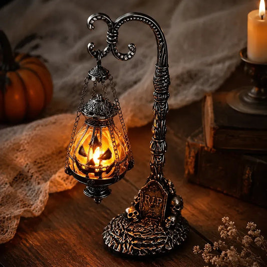 🎃 Gothic Jack-O'-Lantern Hanging Table Lamp | Vintage Tombstone Halloween Resin Decor Light