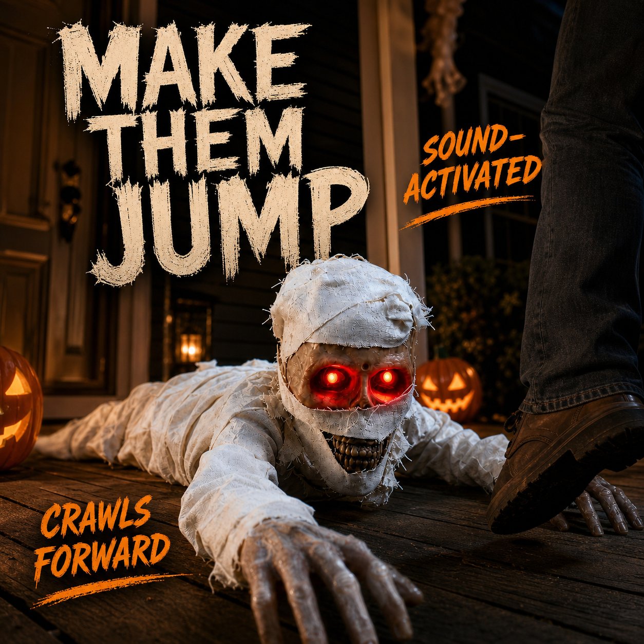 💀Sound-Activated Animated Crawling Mummy with Glowing Red Eyes