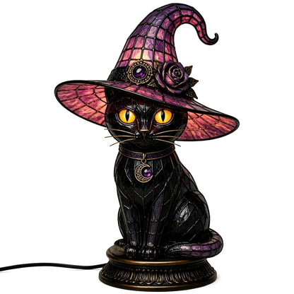 🐈 Gothic Stained Glass Witch Black Cat Table Lamp | Halloween Witch Hat Night Light Decor
