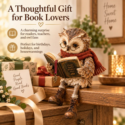 🦉📚 Figurine de chouette lectrice — Cadeau original pour les passionnés de lecture, avec lunettes, écharpe et bottes