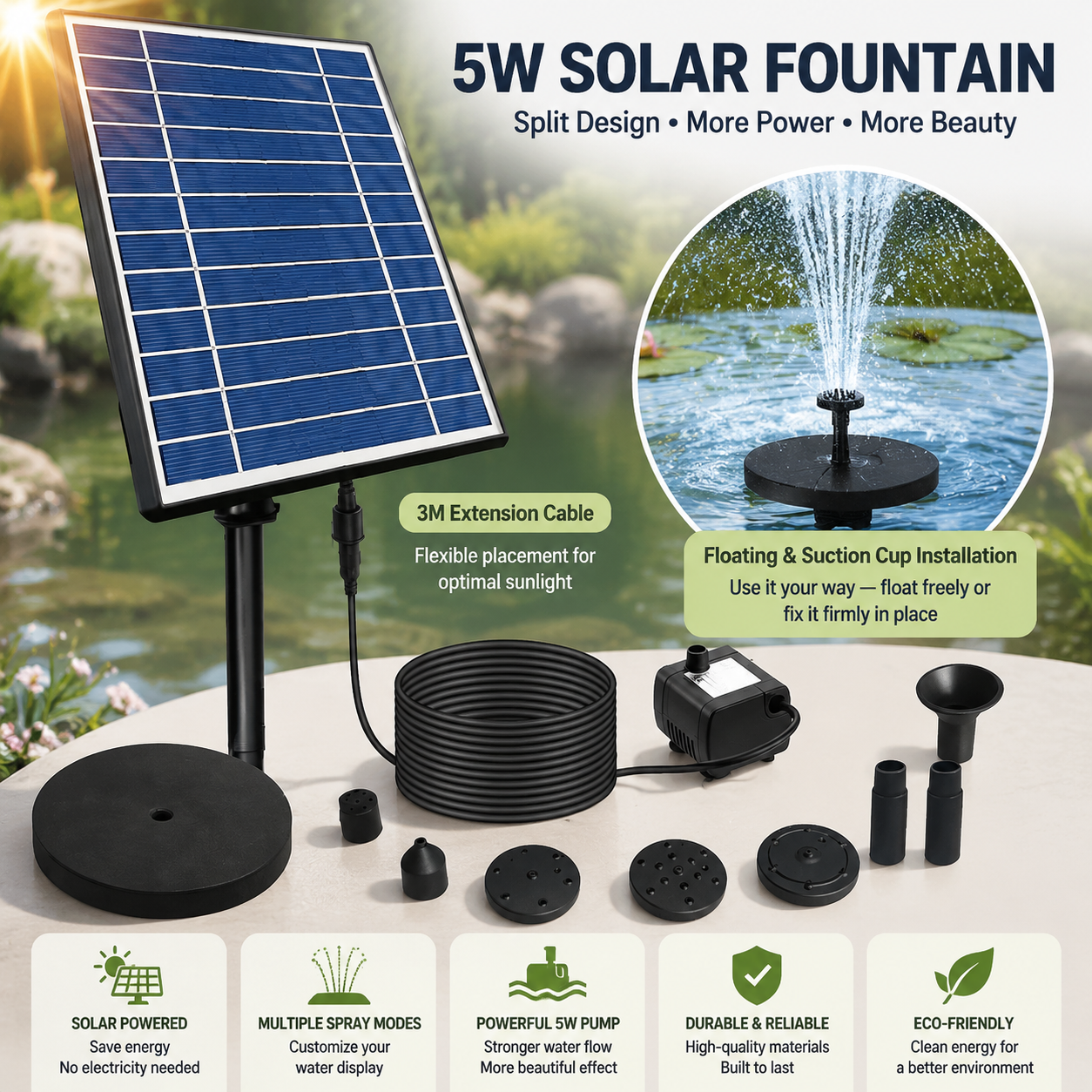 5W Solar Floating Fountain – Create a Magical Water Garden Without Electricity