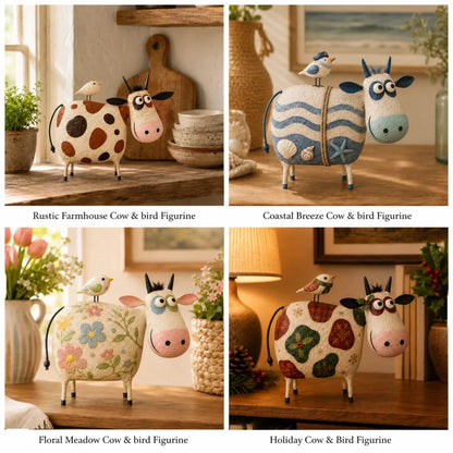 Whimsical Cow & Bird Folk Art Figurine