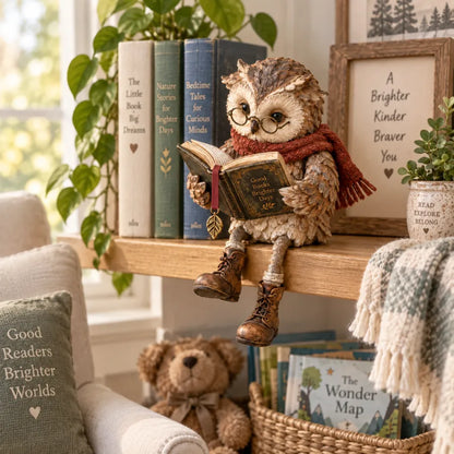 🦉📚 Figurine de chouette lectrice — Cadeau original pour les passionnés de lecture, avec lunettes, écharpe et bottes