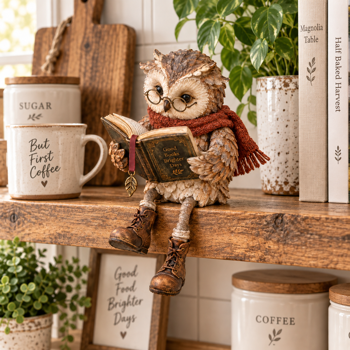 🦉📚 Figurine de chouette lectrice — Cadeau original pour les passionnés de lecture, avec lunettes, écharpe et bottes