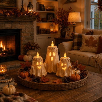 3-Piece Halloween Ghost Flameless Candle👻 Set with Remote Timer🏠