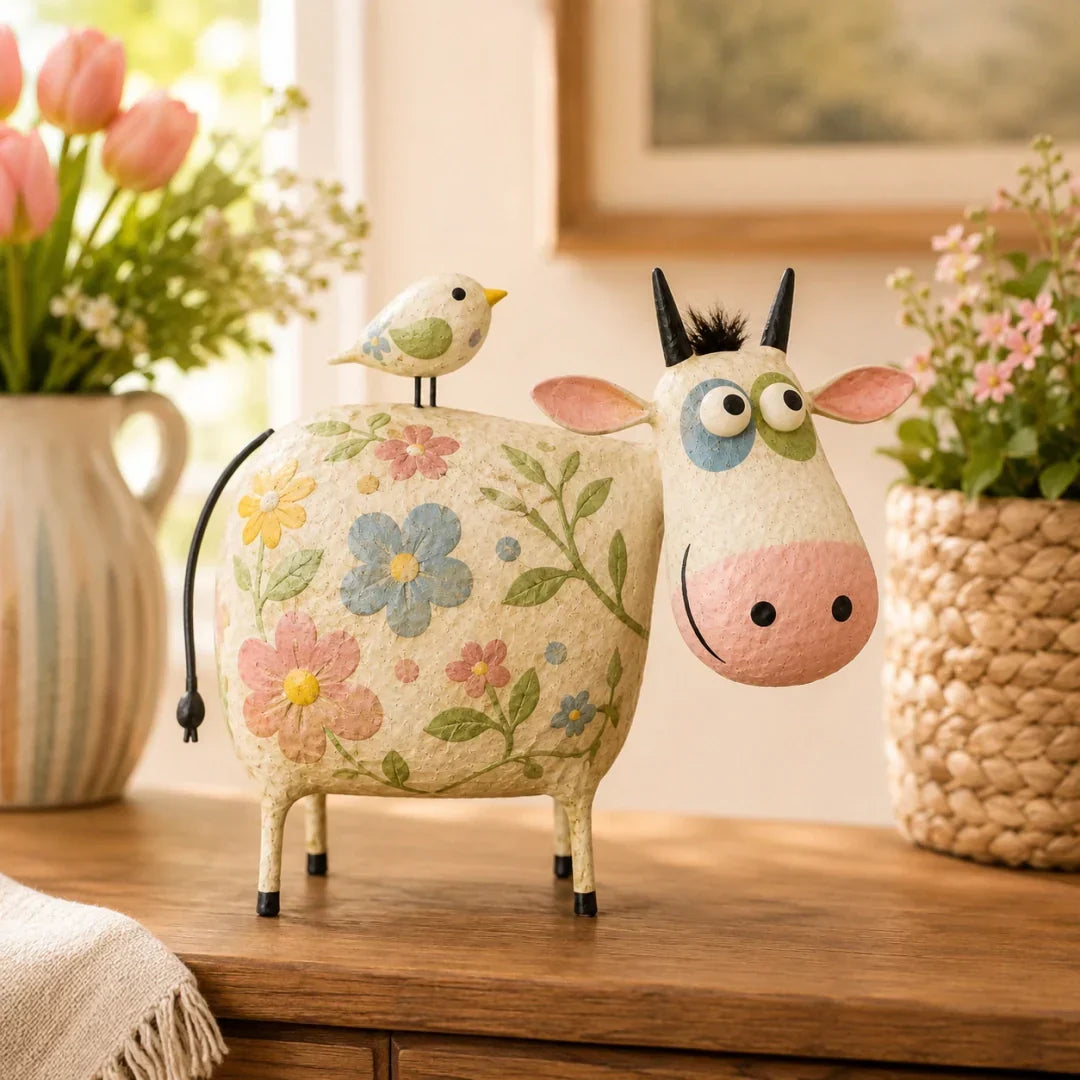 Whimsical Cow & Bird Folk Art Figurine