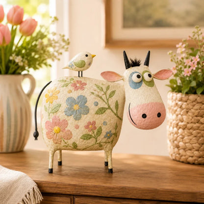 Whimsical Cow & Bird Folk Art Figurine