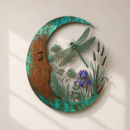 Close view of dragonfly crescent moon metal wall art