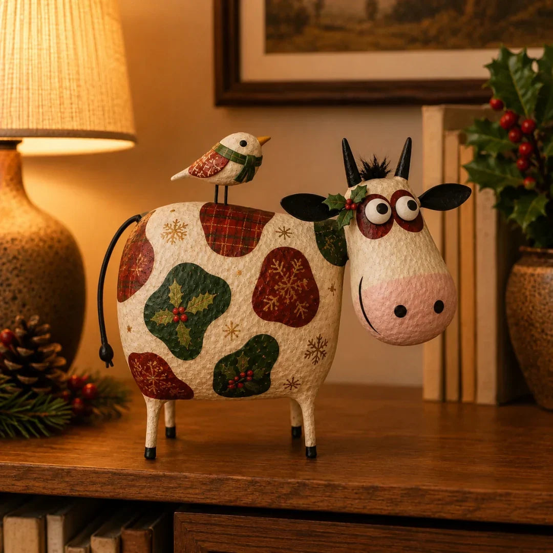 Whimsical Cow & Bird Folk Art Figurine