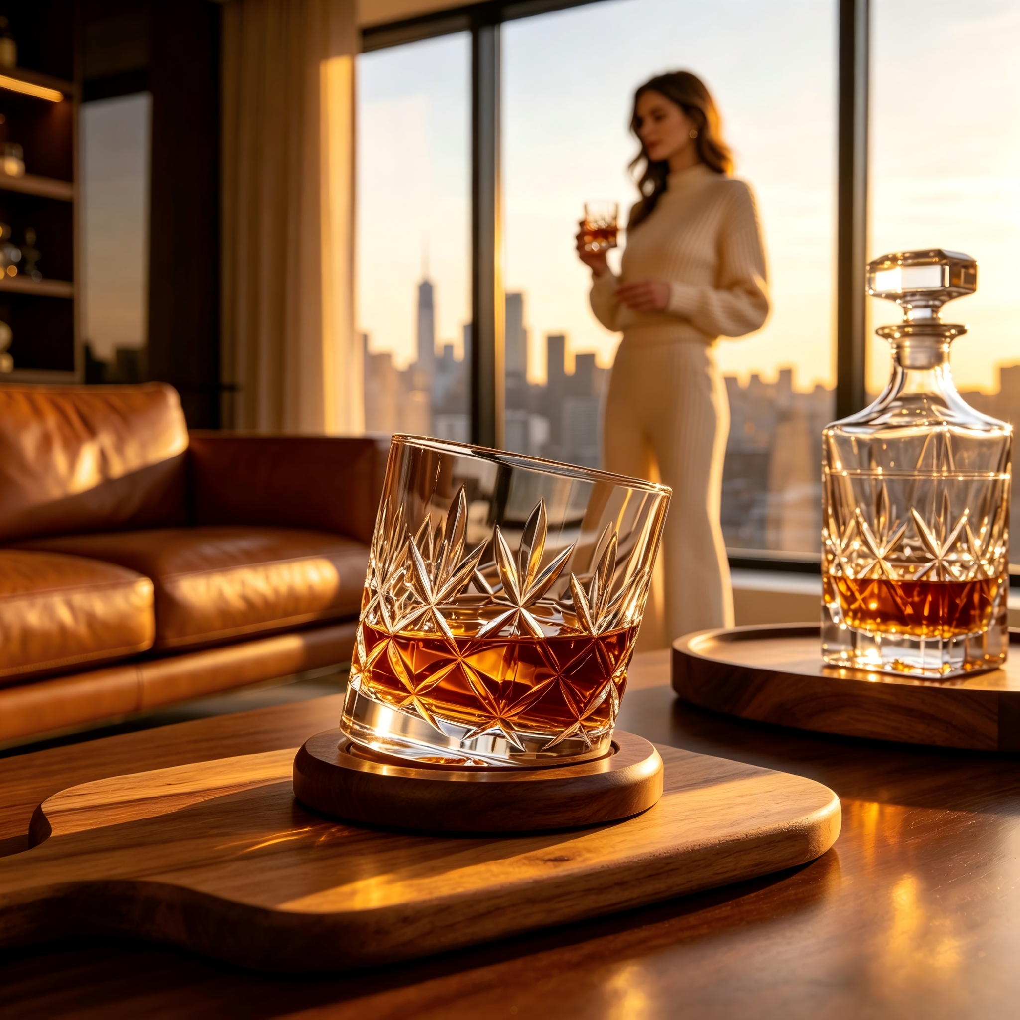 🍷Rotating Whiskey Glass with Wooden Base