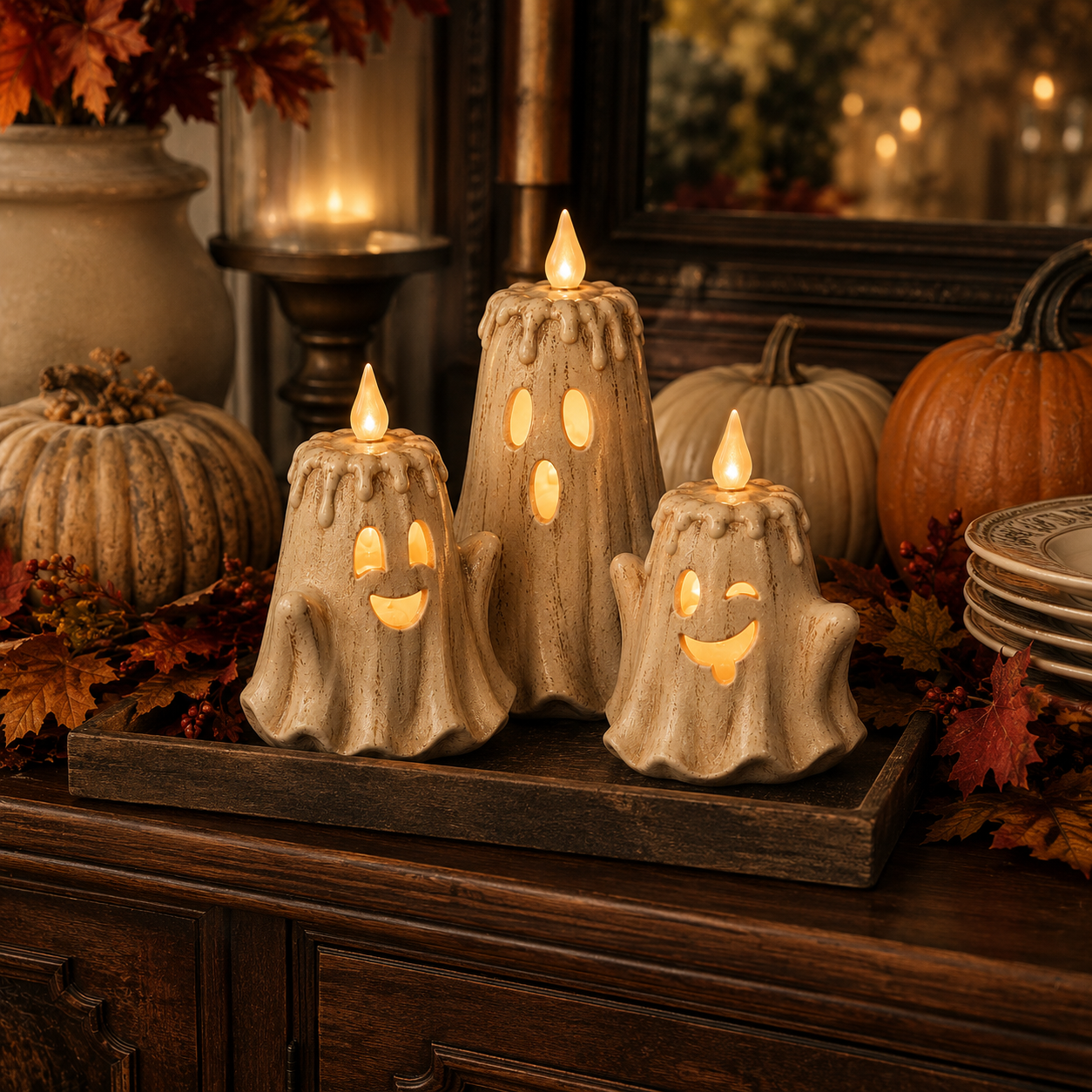 3-Piece Halloween Ghost Flameless Candle👻 Set with Remote Timer🏠