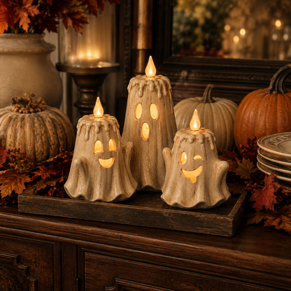 3-Piece Halloween Ghost Flameless Candle👻 Set with Remote Timer🏠