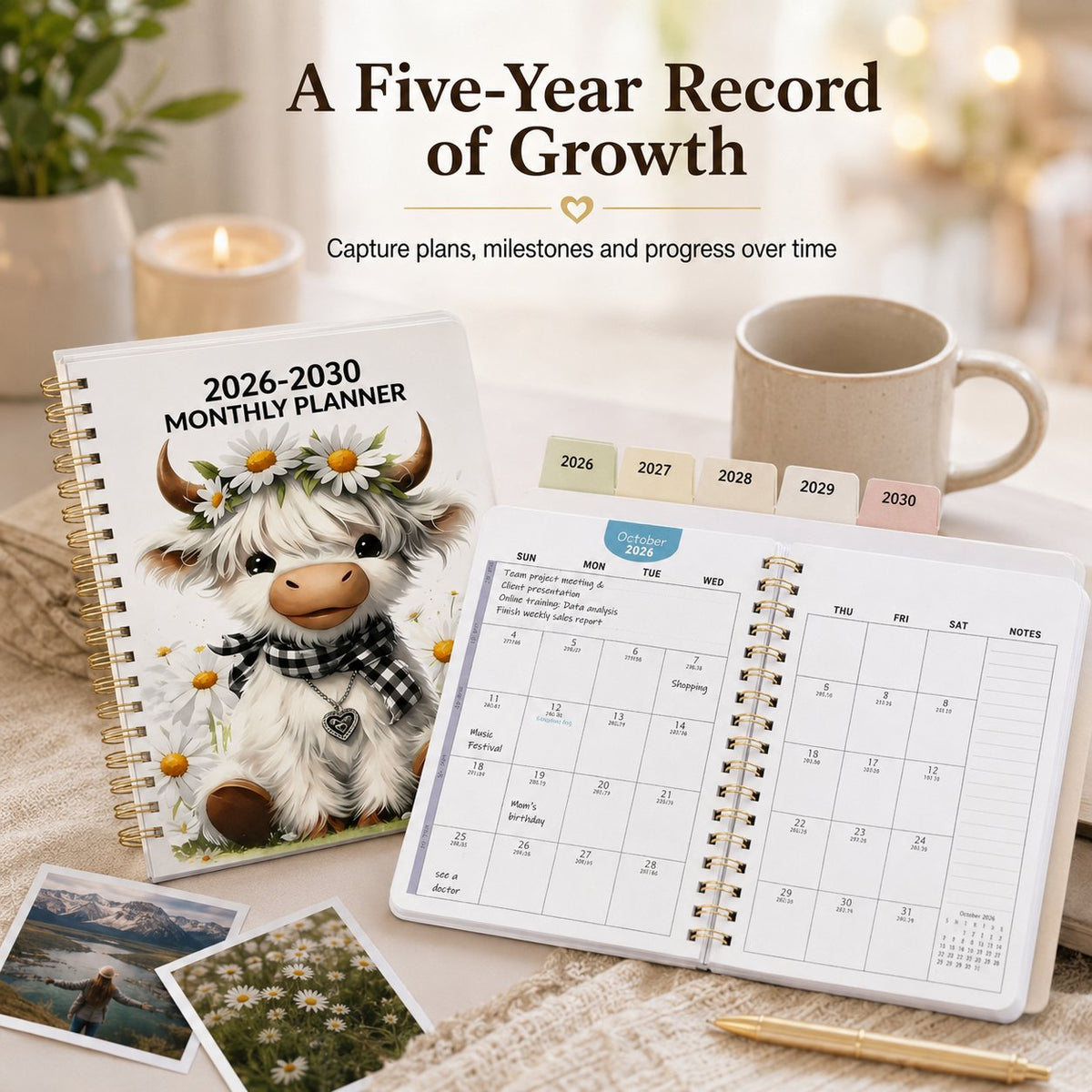 🐮 Cute Cow 5-Year Planner 2026–2030 | Monthly Organizer with Farmhouse Cover, Goal Tracking Pages & Long-Term Planning Layout ✨