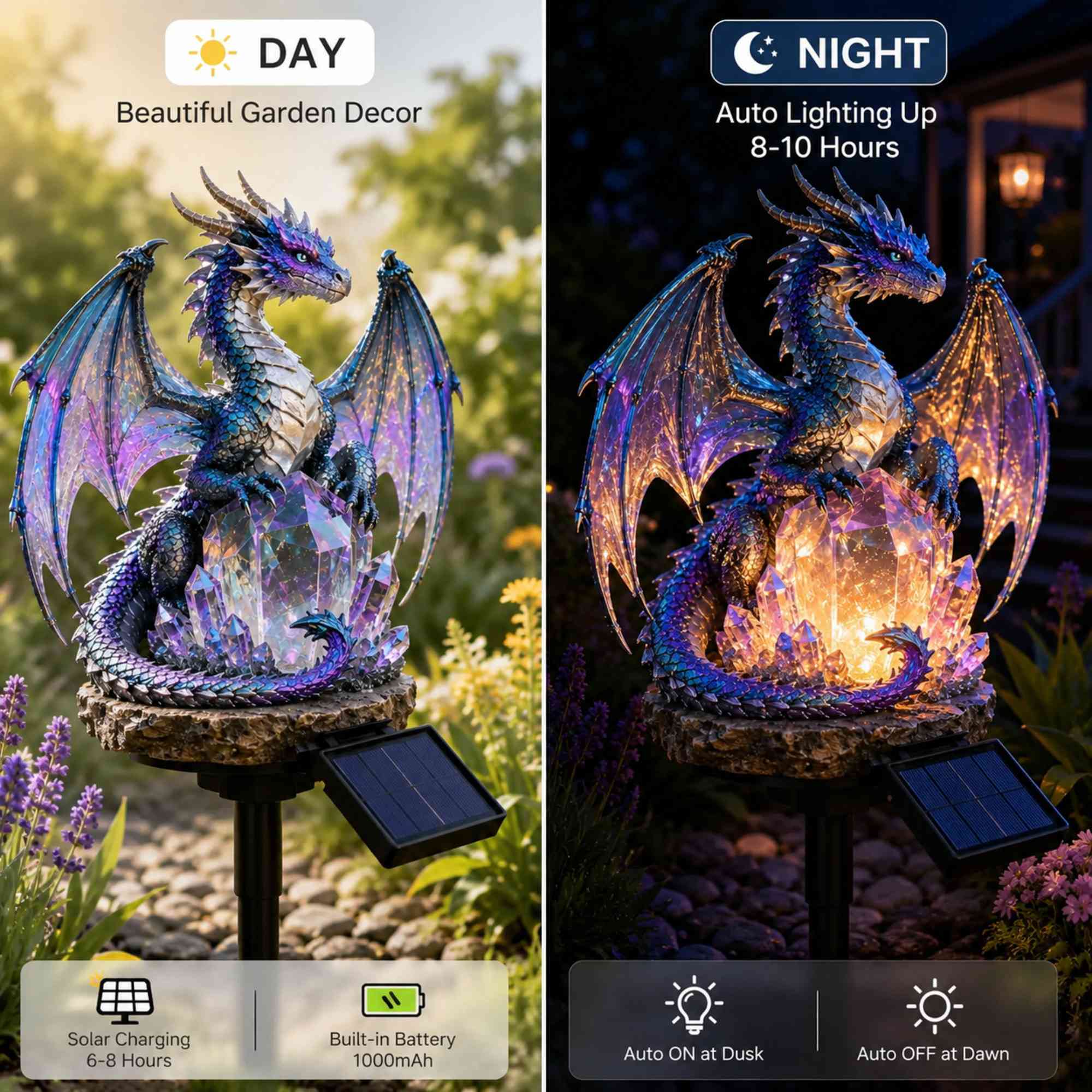Amethyst dragon solar light shown during the day and illuminated at night