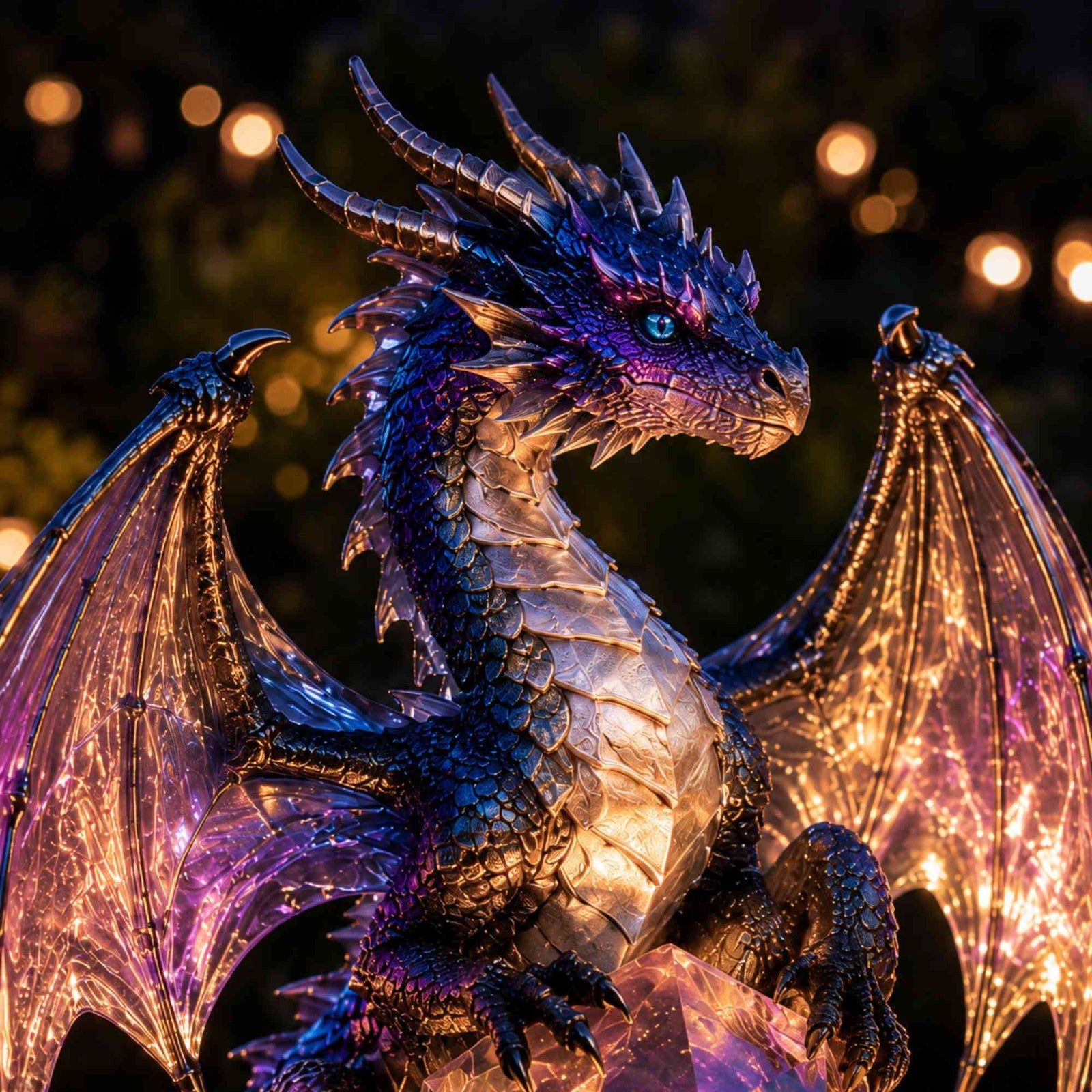 Illuminated Amethyst Crystal Dragon at night