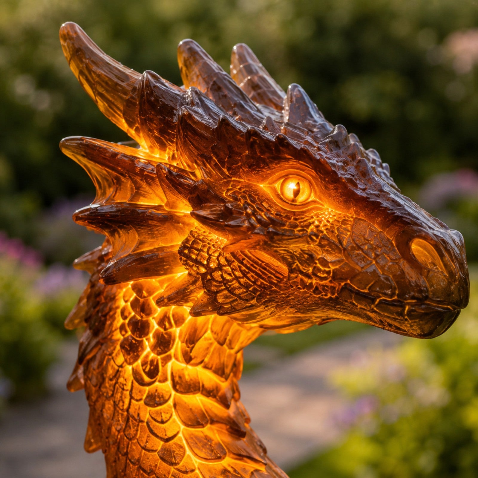 Close-up of the illuminated Amber Fire Dragon head