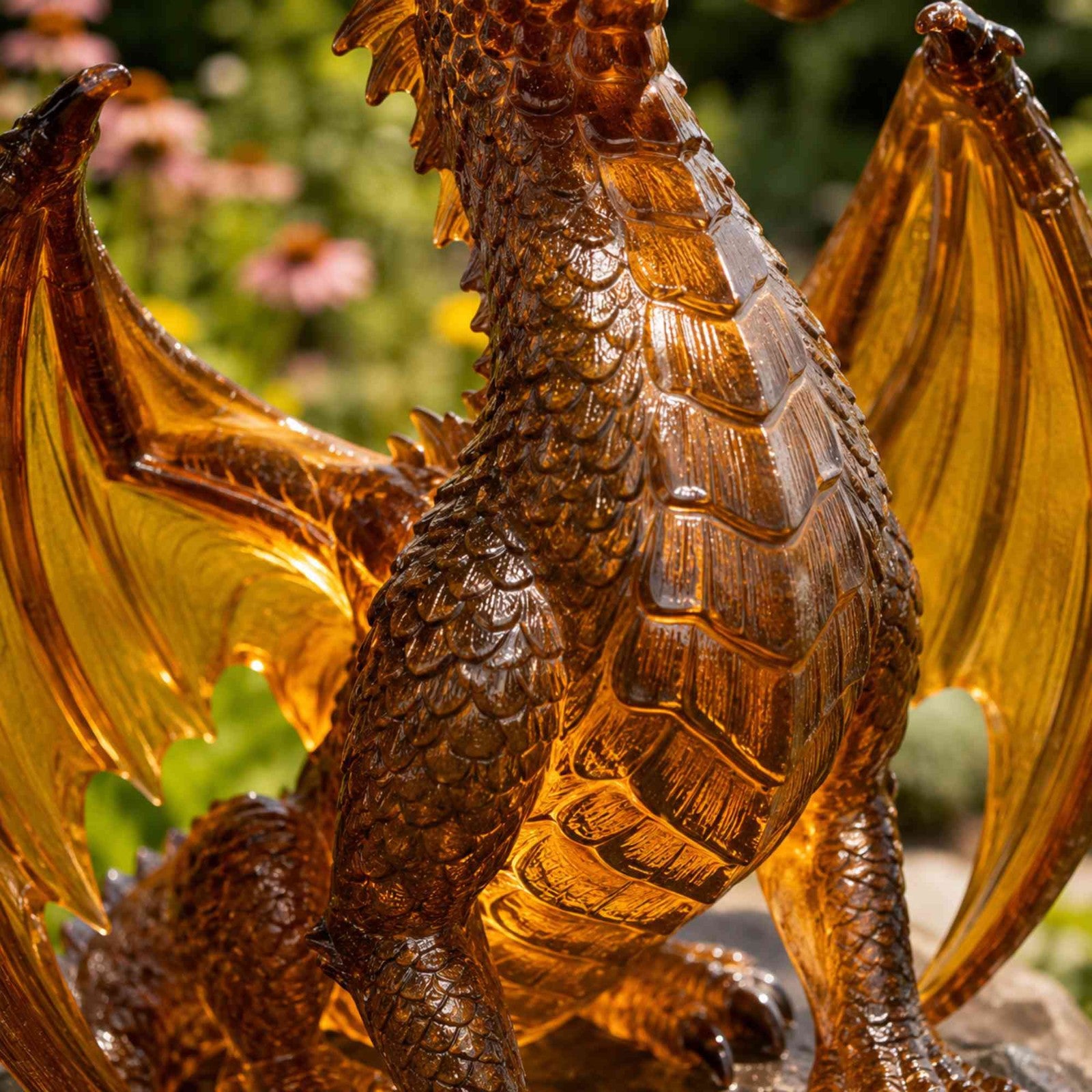 Close-up of the translucent amber dragon body and wings