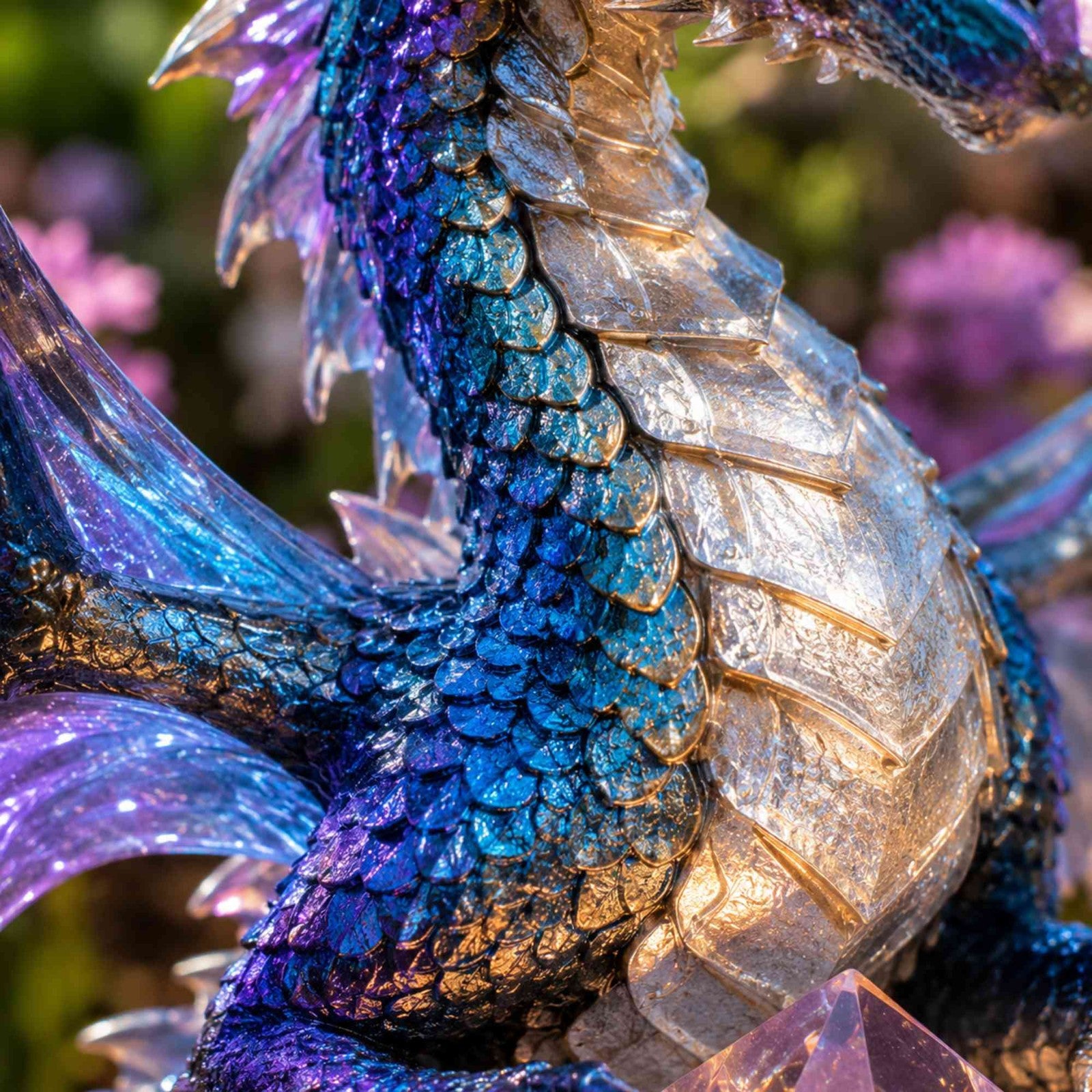 Close-up of the blue purple and silver dragon scale details