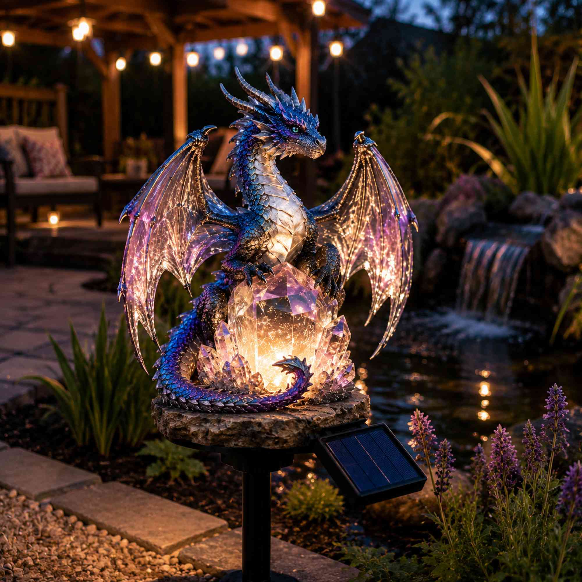 Amethyst Crystal Dragon solar light beside a garden pond