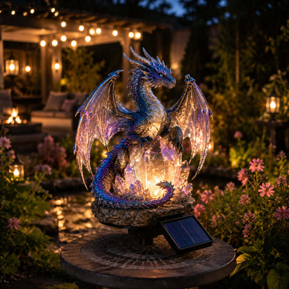 Amethyst Crystal Dragon solar light displayed on a garden patio