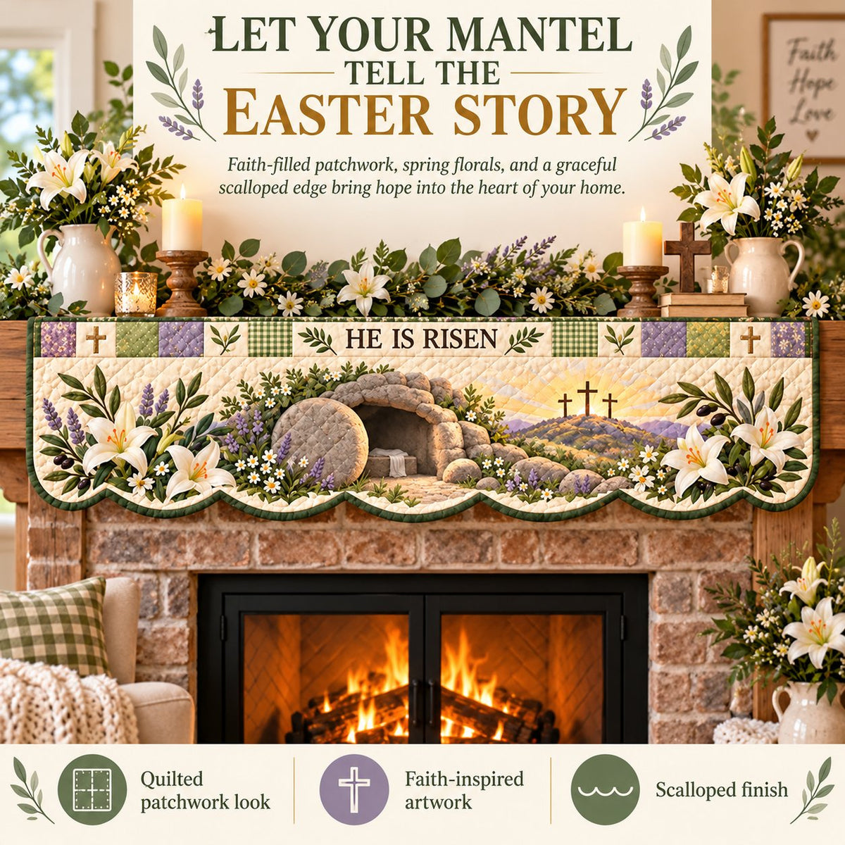 ⏳ Last Day 49% OFF – ✝️ Easter Faith Quilted Mantel Scarf | Patchwork Christian Fireplace Décor for Spring & Easter 🌷