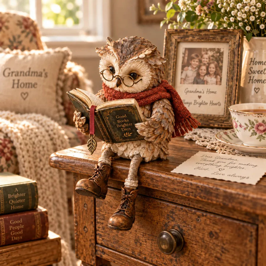 🦉📚 Figurine de chouette lectrice — Cadeau original pour les passionnés de lecture, avec lunettes, écharpe et bottes