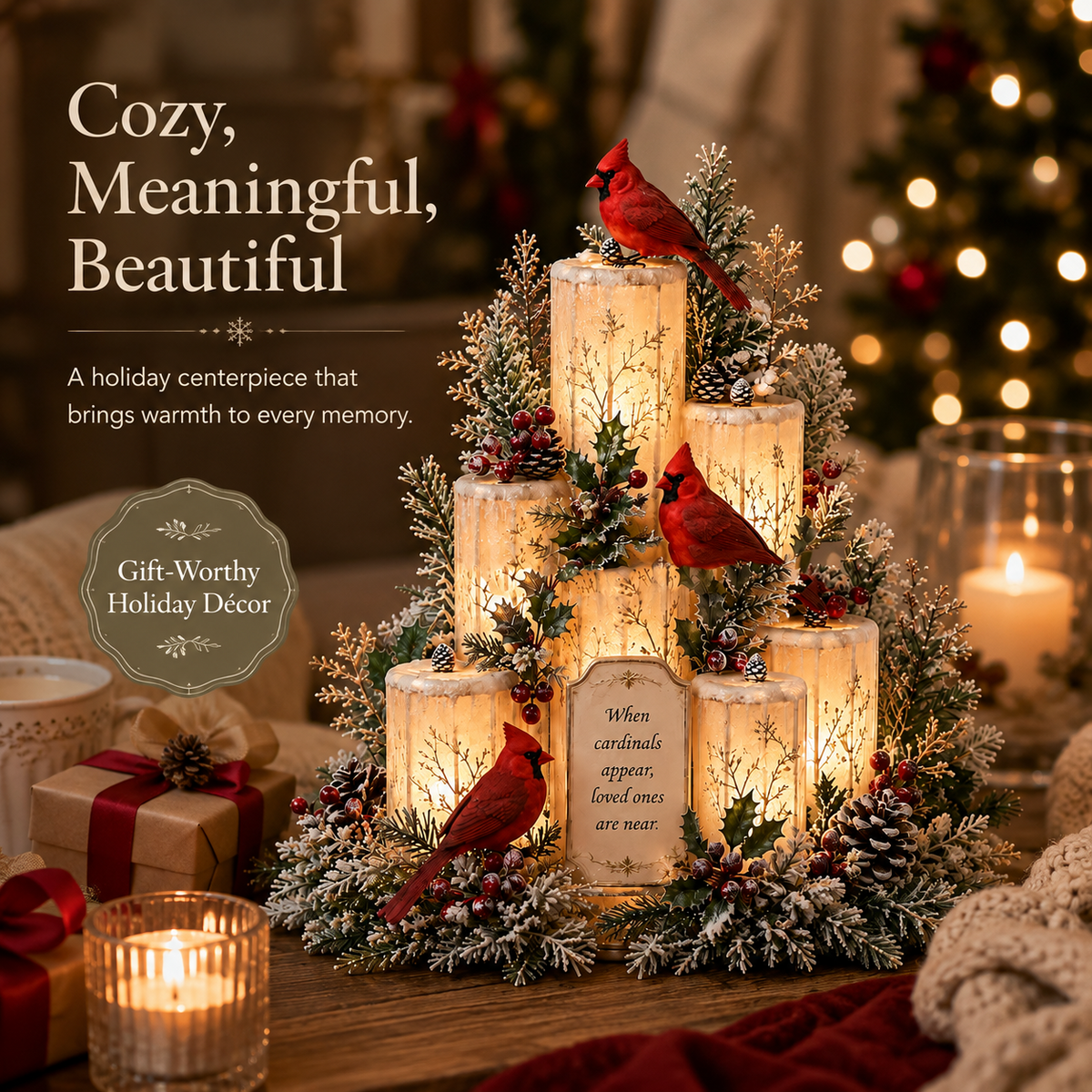 ❤️🕯️Cardinal Memorial LED Candle Centerpiece