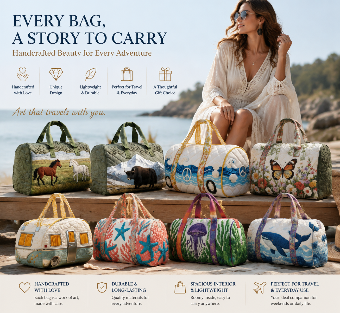 Beautifully handcrafted travel bags designed to bring art, comfort, and personality into every journey.
