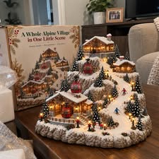 Animated Christmas Mountain Cable Car & Ski Village Scene ✨