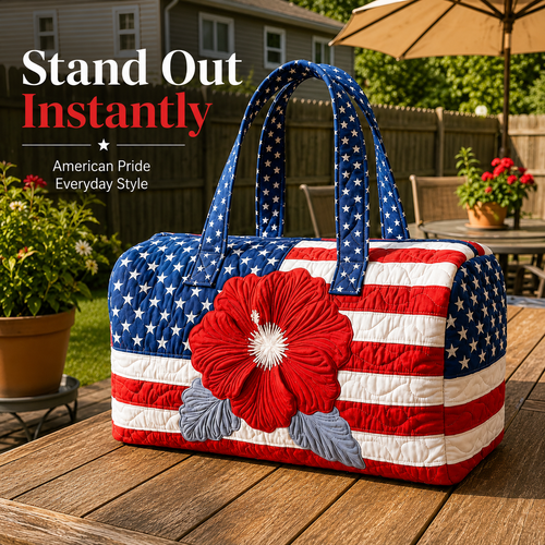 US Patriotic Quilted Tote Bag – 3D Floral American Flag Travel Bag 👜
