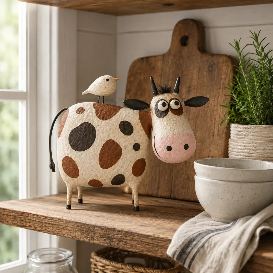 Whimsical Cow & Bird Folk Art Figurine