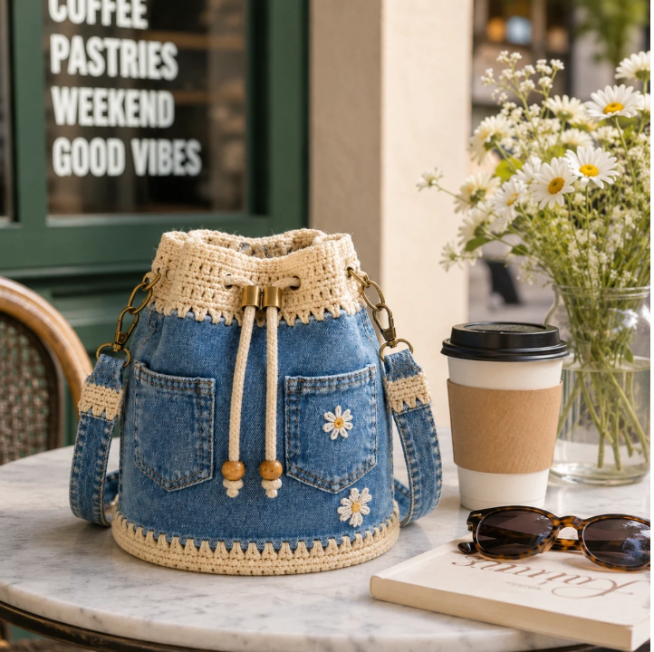 🌼✨Denim Crochet Bucket Bag