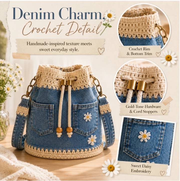 🌼✨Denim Crochet Bucket Bag