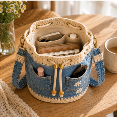 🌼✨Denim Crochet Bucket Bag