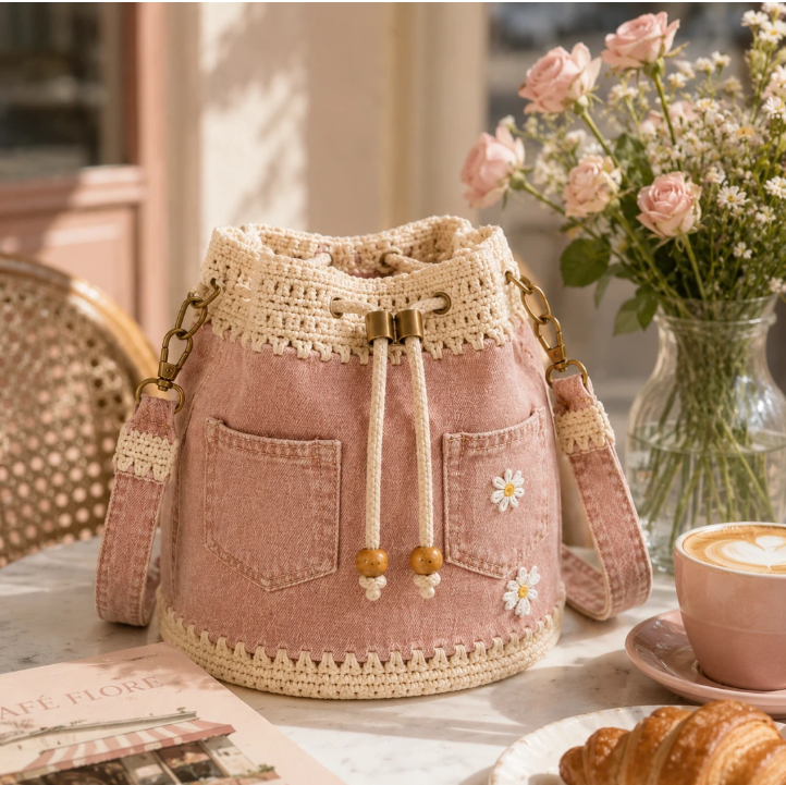 🌼✨Denim Crochet Bucket Bag