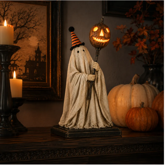 🎃👻Lighted Vintage Ghost Figurine with Glowing Pumpkin Staff