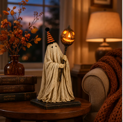 🎃👻Lighted Vintage Ghost Figurine with Glowing Pumpkin Staff