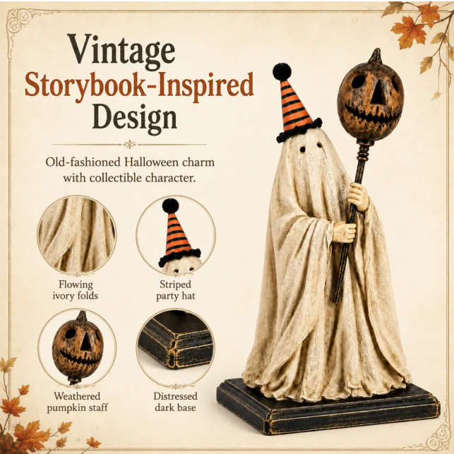 🎃👻Lighted Vintage Ghost Figurine with Glowing Pumpkin Staff