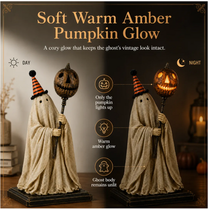 🎃👻Lighted Vintage Ghost Figurine with Glowing Pumpkin Staff