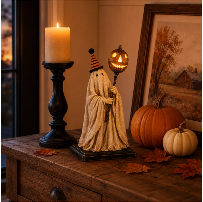 🎃👻Lighted Vintage Ghost Figurine with Glowing Pumpkin Staff