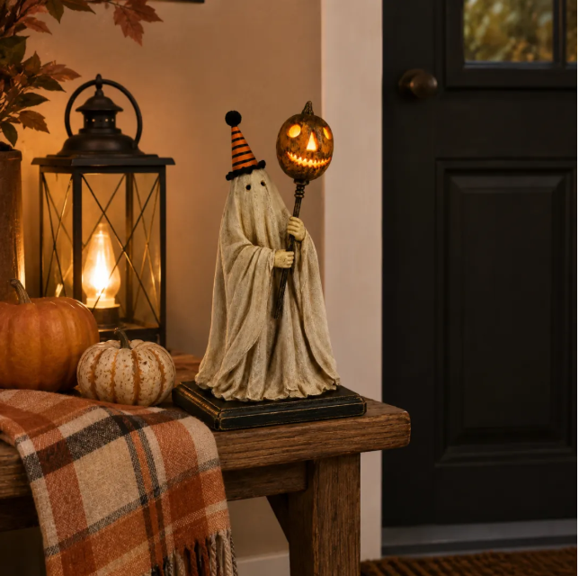 🎃👻Lighted Vintage Ghost Figurine with Glowing Pumpkin Staff