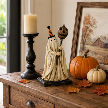 🎃👻Lighted Vintage Ghost Figurine with Glowing Pumpkin Staff